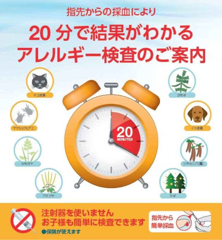 指先からの採血により20分で結果がわかるアレルギー検査のご案内