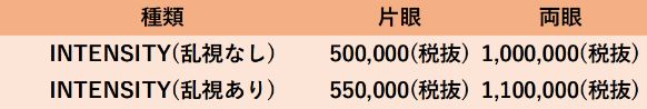 Intensity（乱視なし）：片眼500,000（税抜）、両眼1,000,000（税抜）/Intensity（乱視あり）：片目550,000（税抜）、両目1,100,000（税抜）