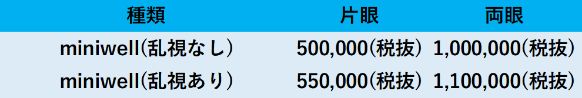 miniwell（乱視なし）：片眼500,000（税抜）、両眼：1,000,000（税抜）/miniwell（乱視あり）：片眼550,000（税抜）、両眼：1,100,000（税抜）